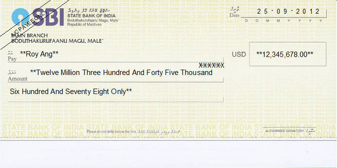Printed Cheque of SBI - State Bank of India (US Dollar) in Maldives Printed Cheque of SBI - State Bank of India (US Dollar) in Maldives