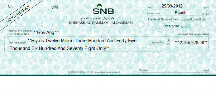 Printed Cheque of The Saudi National Bank (SNB) in Saudi Arabia Printed Cheque of The Saudi National Bank (SNB) in Saudi Arabia