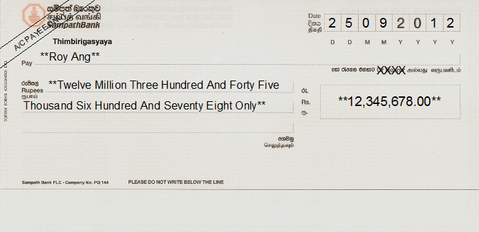 Printed Cheque of Sampath Bank in Sri Lanka Printed Cheque of Sampath Bank in Sri Lanka