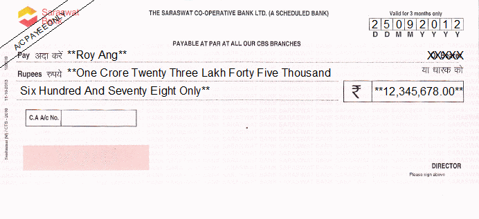 Printed Cheque of Saraswat Bank India Printed Cheque of Saraswat Bank India