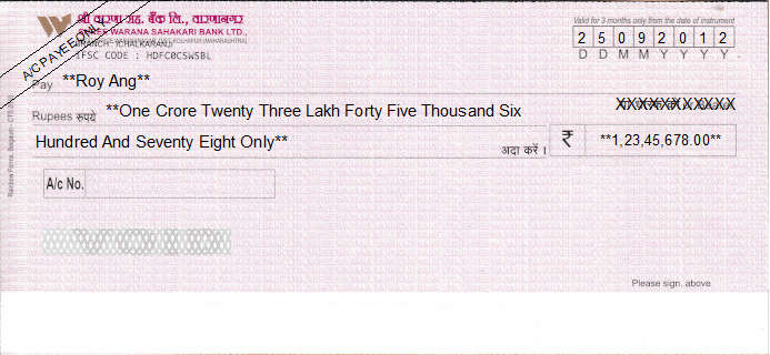 Printed Cheque of Shree Warana Sahakari Bank in India Printed Cheque of Shree Warana Sahakari Bank in India