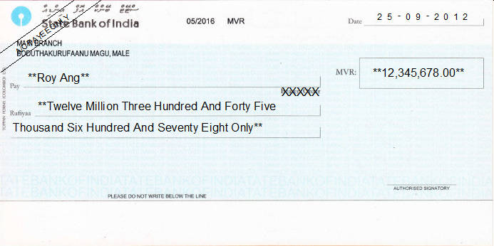 Printed Cheque of SBI - State Bank of India in Maldives Printed Cheque of SBI - State Bank of India in Maldives