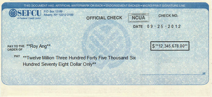 Printed Check of State Employees Federal Credit Union (SEFCU) in United States Printed Check of State Employees Federal Credit Union (SEFCU) in United States