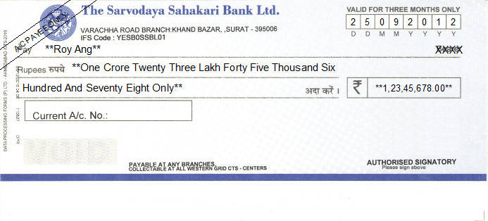 Printed Cheque of The Sarvodaya Sahakari Bank in India Printed Cheque of The Sarvodaya Sahakari Bank in India