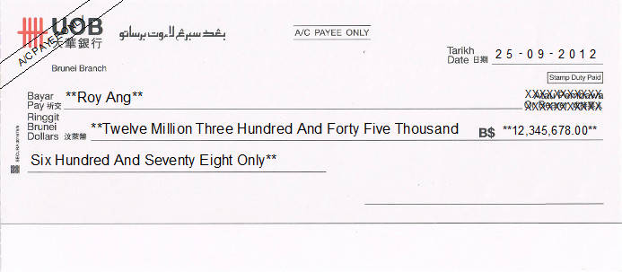 Printed Cheque of UOB Bank in Brunei Printed Cheque of UOB Bank in Brunei