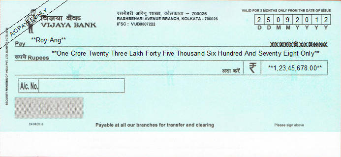 Printed Cheque of Vijaya Bank India Printed Cheque of Vijaya Bank India