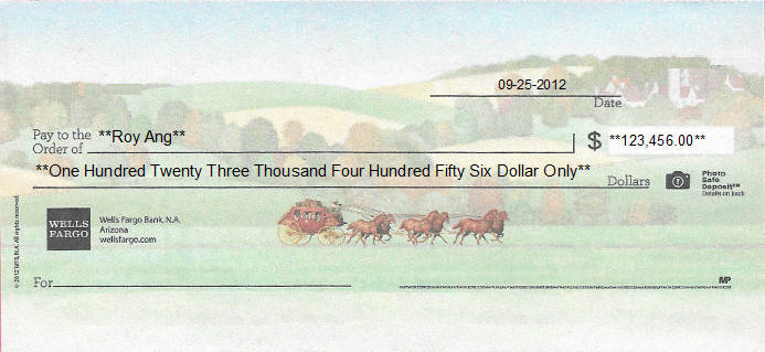 Printed Check of Wells Fargo Bank (Personal Checking Account) in United States Printed Check of Wells Fargo Bank (Personal Checking Account) in United States