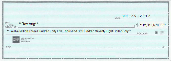 Printed Check of Wells Fargo Bank in United States Printed Check of Wells Fargo Bank in United States