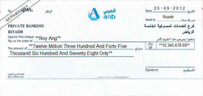 Printed Cheque of Arab National Bank (ANB) - Private Banking Saudi Arabia Printed Cheque of Arab National Bank (ANB) - Private Banking Saudi Arabia