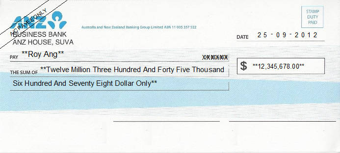 Printed Cheque of ANZ Bank in Fiji Printed Cheque of ANZ Bank in Fiji
