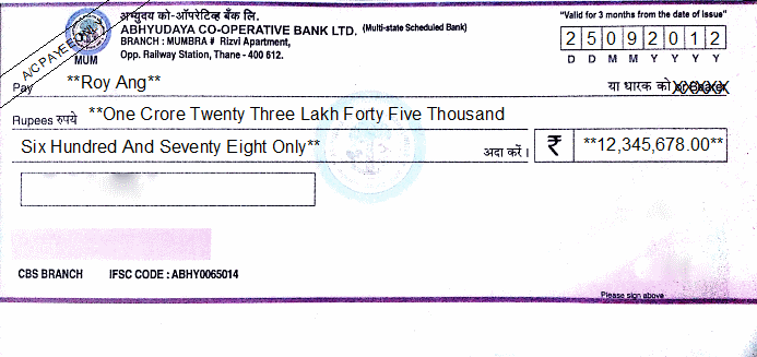 Printed Cheque of Abhyudaya Co-operative Bank India Printed Cheque of Abhyudaya Co-operative Bank India