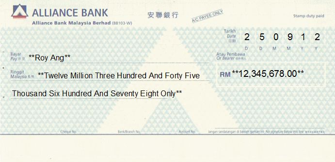 Printed Cheque of Alliance Bank in Malaysia Printed Cheque of Alliance Bank in Malaysia