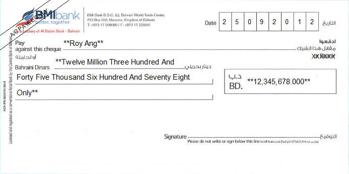 Printed Cheque of BMI Bank in Bahrain Printed Cheque of BMI Bank in Bahrain
