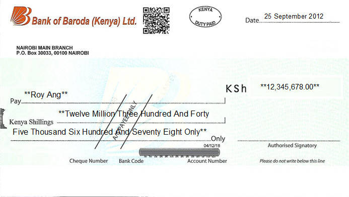 Printed Cheque of Bank of Baroda in Kenya Printed Cheque of Bank of Baroda in Kenya