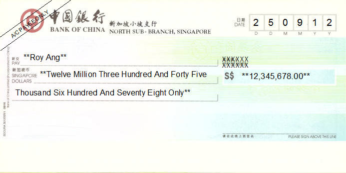 Printed Cheque of Bank of China in Singapore Printed Cheque of Bank of China in Singapore