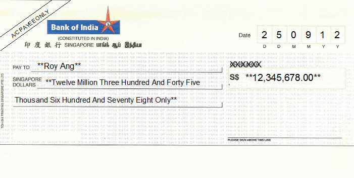 Printed Cheque of Bank of India Singapore Printed Cheque of Bank of India Singapore