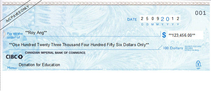 Printed Cheque of Canadian Imperial Bank of Commerce (CIBC: Printer ID 1014) in Canada Printed Cheque of Canadian Imperial Bank of Commerce (CIBC: Printer ID 1014) in Canada