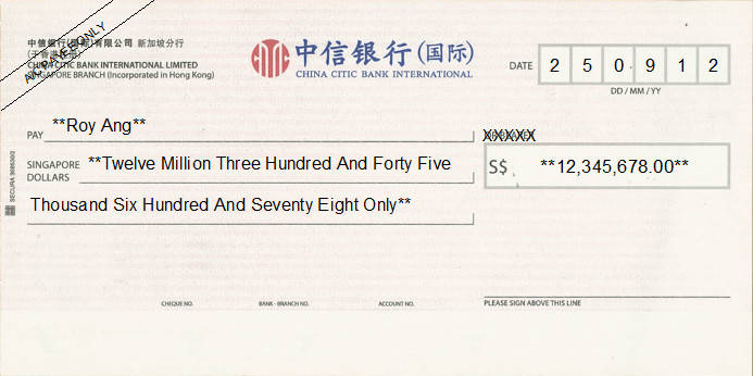 Printed Cheque of China Citic Bank International in Singapore Printed Cheque of China Citic Bank International in Singapore