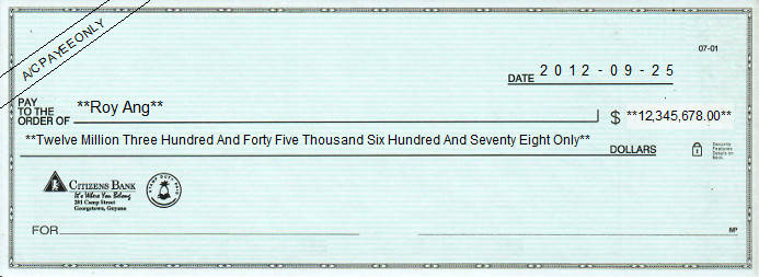 Printed Cheque of Citizens Bank (USD) in Guyana Printed Cheque of Citizens Bank (USD) in Guyana