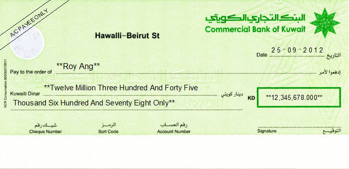 Printed Cheque of Commercial Bank of Kuwait (Personal) Printed Cheque of Commercial Bank of Kuwait (Personal)