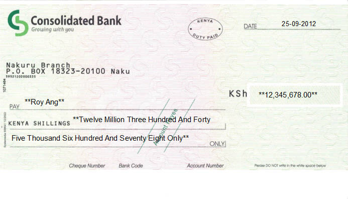 Printed Cheque of Consolidated Bank in Kenya Printed Cheque of Consolidated Bank in Kenya