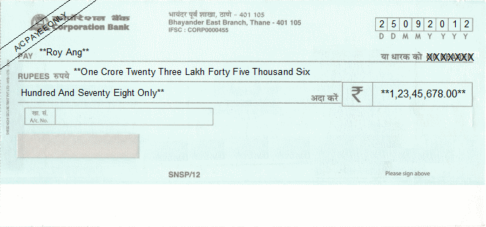 Printed Cheque of Corporation Bank India Printed Cheque of Corporation Bank India