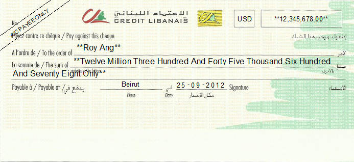 Printed Cheque of Credit Libanais in Lebanon Printed Cheque of Credit Libanais in Lebanon
