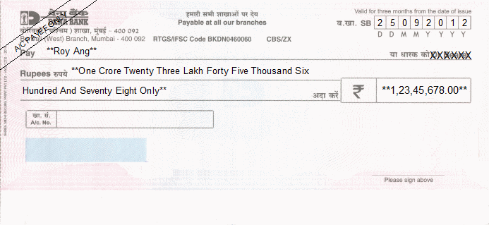 Printed Cheque of Dena Bank India Printed Cheque of Dena Bank India