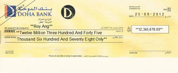 Printed Cheque of Doha Bank - Personal in Qatar Printed Cheque of Doha Bank - Personal in Qatar