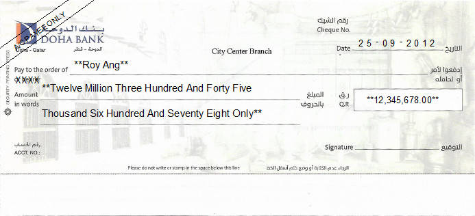 Printed Cheque of Doha Bank in Qatar Printed Cheque of Doha Bank in Qatar