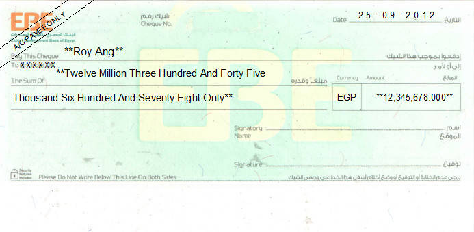 Printed Cheque of Export Development Bank of Egypt - EBE in Egypt Printed Cheque of Export Development Bank of Egypt - EBE in Egypt