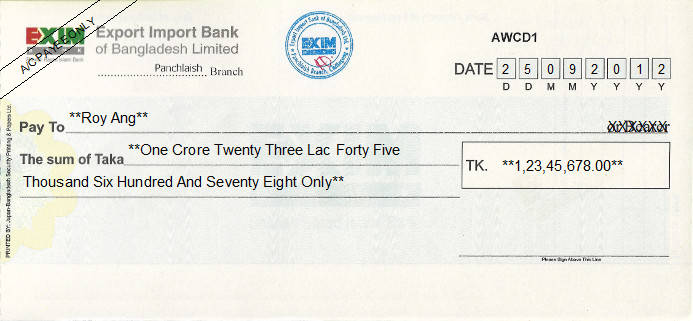 Printed Cheque of EXIM Bank - Export Import Bank in Bangladesh Printed Cheque of EXIM Bank - Export Import Bank in Bangladesh