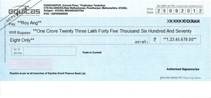 Printed Cheque of Equitas Small Finance Bank in India Printed Cheque of Equitas Small Finance Bank in India