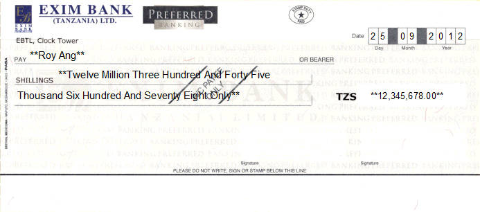 Printed Cheque of Exim Bank - Preferred Banking in Tanzania Printed Cheque of Exim Bank - Preferred Banking in Tanzania
