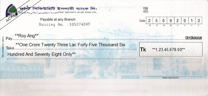 Printed Cheque of FSIB - First Security Islami Bank in Bangladesh Printed Cheque of FSIB - First Security Islami Bank in Bangladesh