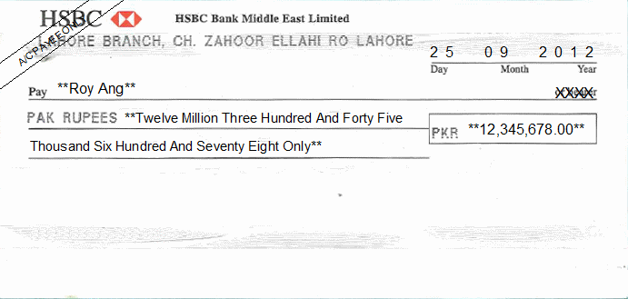 Printed Cheque of HSBC Bank Pakistan