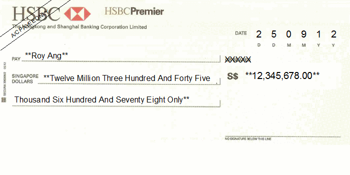 Printed Cheque of HSBC Premier Singapore Printed Cheque of HSBC Premier Singapore