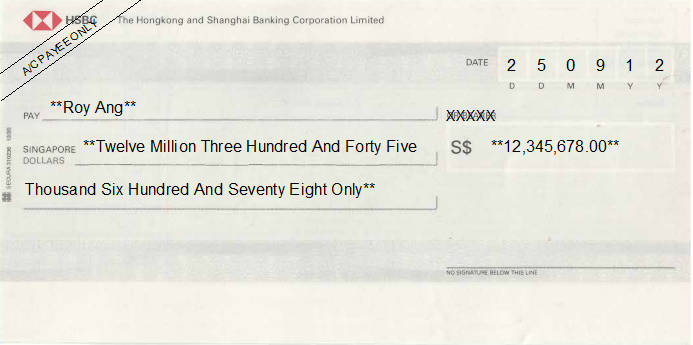 Printed Cheque of HSBC Bank Singapore Printed Cheque of HSBC Bank Singapore