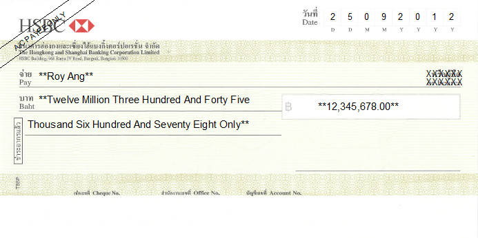 Printed Cheque of HSBC in Thailand Printed Cheque of HSBC in Thailand