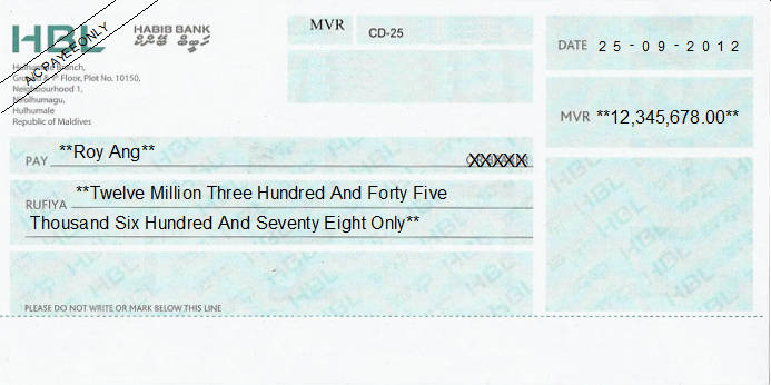 Printed Cheque of Habib Bank - HBL in Maldives Printed Cheque of Habib Bank - HBL in Maldives