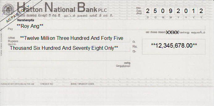Printed Cheque of Hatton National Bank in Sri Lanka Printed Cheque of Hatton National Bank in Sri Lanka