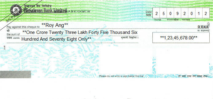 Printed Cheque of Himalayan Bank in Nepal
