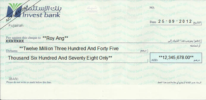 Printed Cheque of Invest Bank in UAE Printed Cheque of Invest Bank in UAE