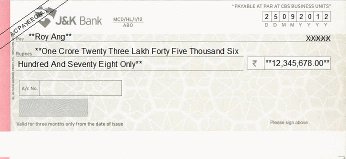 Printed Cheque of J&K Bank India Printed Cheque of J&K Bank India