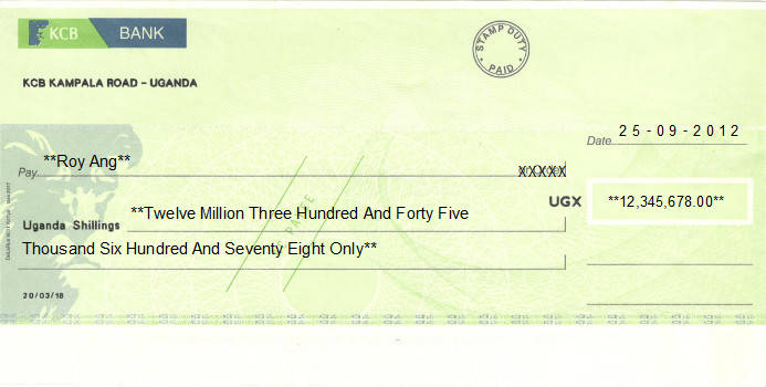 Printed Cheque of KCB Bank (UGX) in Uganda Printed Cheque of KCB Bank (UGX) in Uganda