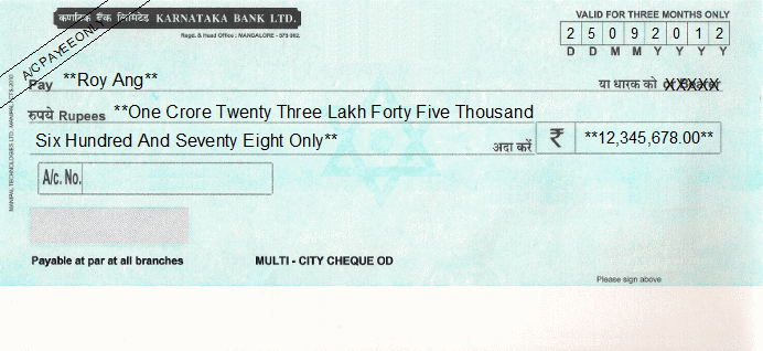 Printed Cheque of Karnataka Bank India Printed Cheque of Karnataka Bank India