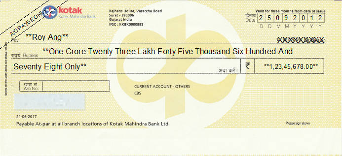 Printed Cheque of Kotak Mahindra Bank (Current Account - Others) in India Printed Cheque of Kotak Mahindra Bank (Current Account - Others) in India