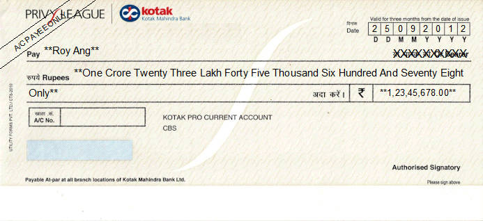 Printed Cheque of Kotak Mahindra Bank (Privy League - Current) in India Printed Cheque of Kotak Mahindra Bank (Privy League - Current) in India