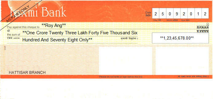 Printed Cheque of Laxmi Bank in Nepal