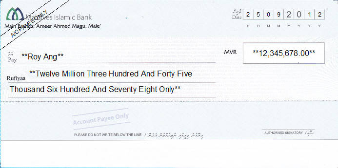 Printed Cheque of Maldives Islamic Bank in Maldives Printed Cheque of Maldives Islamic Bank in Maldives